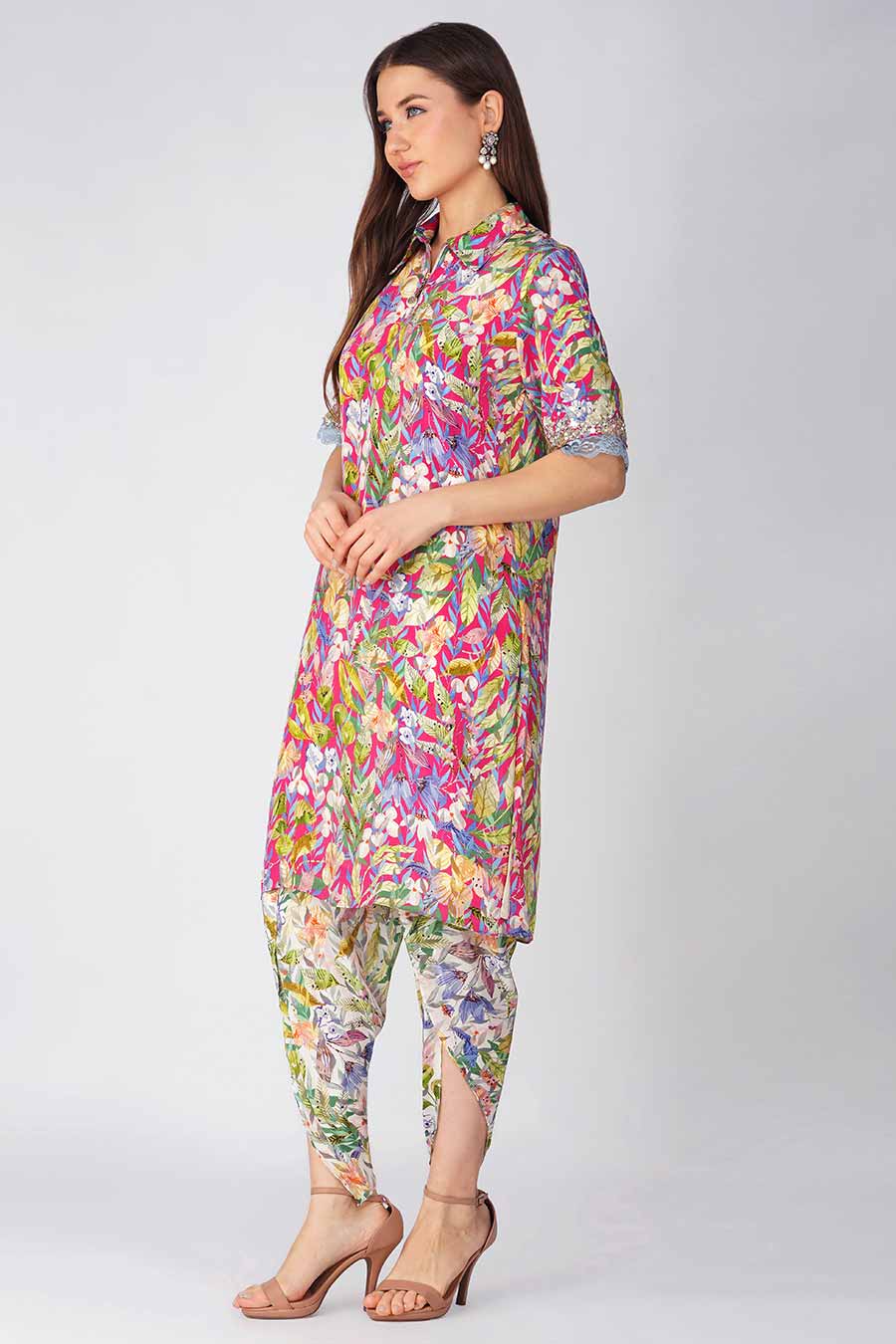 Rani Pink Leaf Printed Tunic & Pant Set