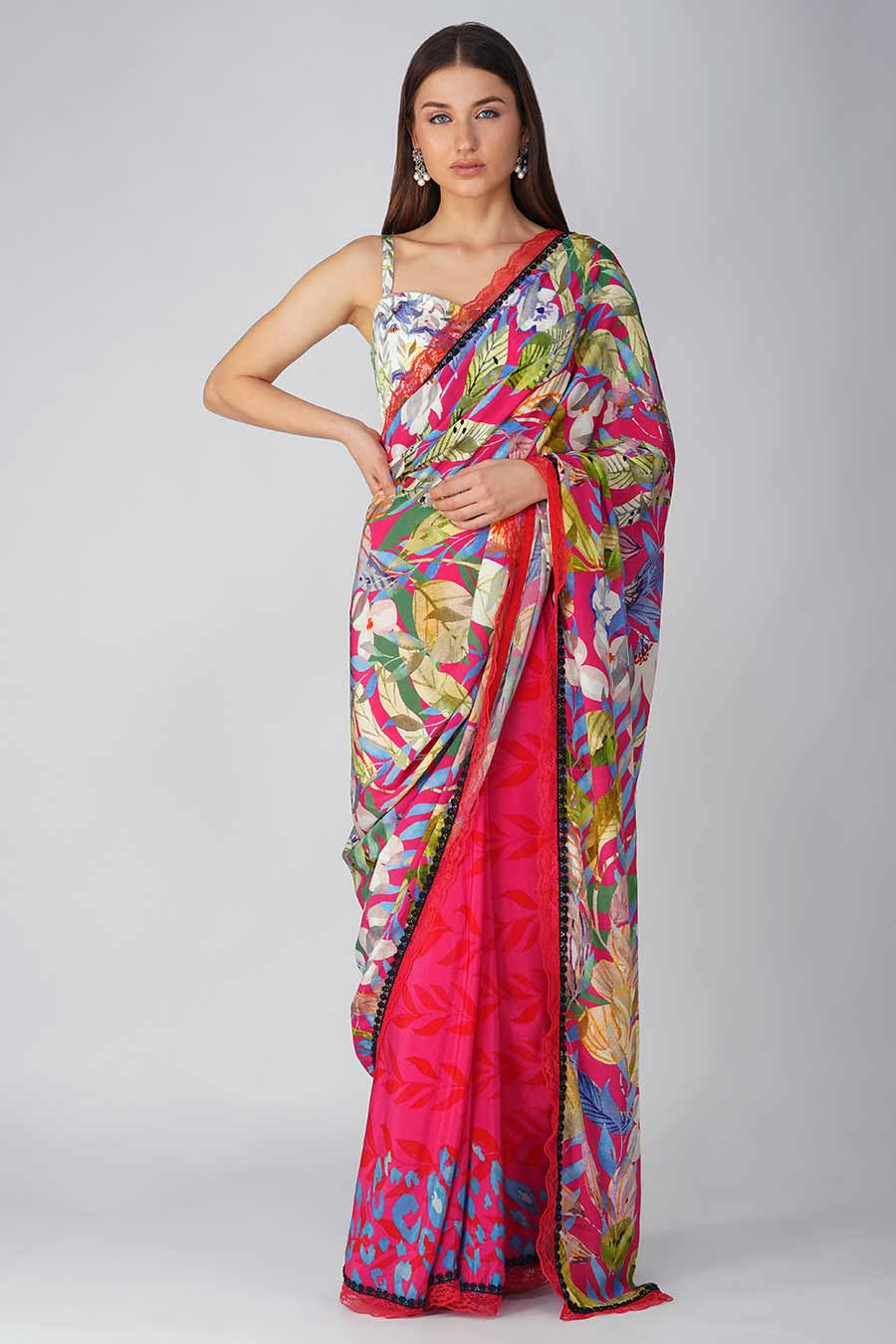 Rani Pink Leaf Printed Blouse & Saree Set