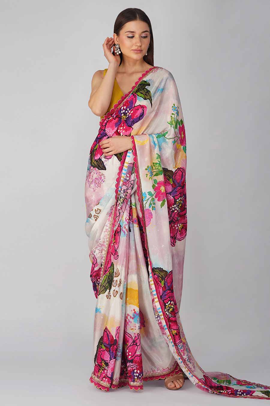 Multicolour Big Flower Printed Blouse & Saree Set