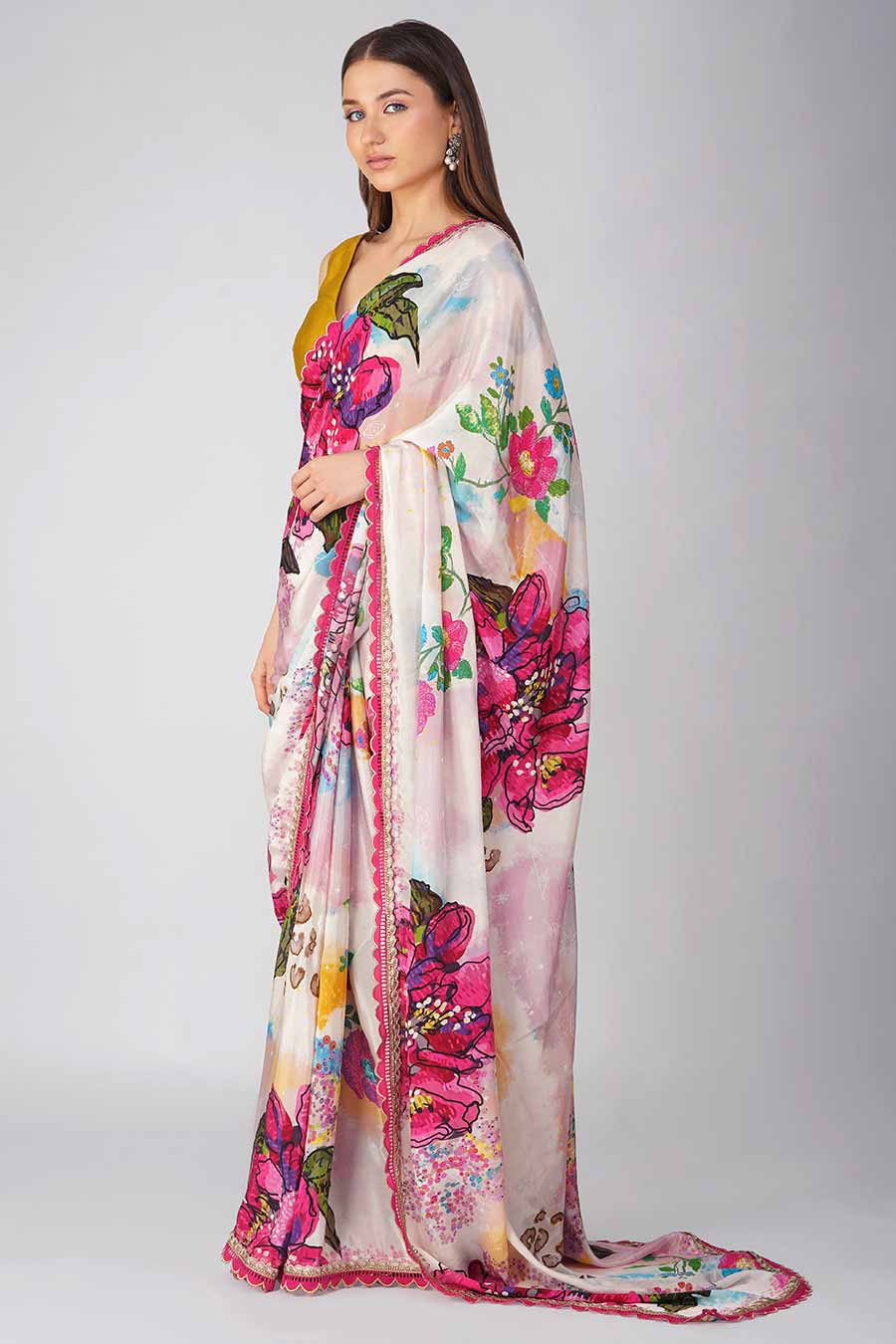 Multicolour Big Flower Printed Blouse & Saree Set