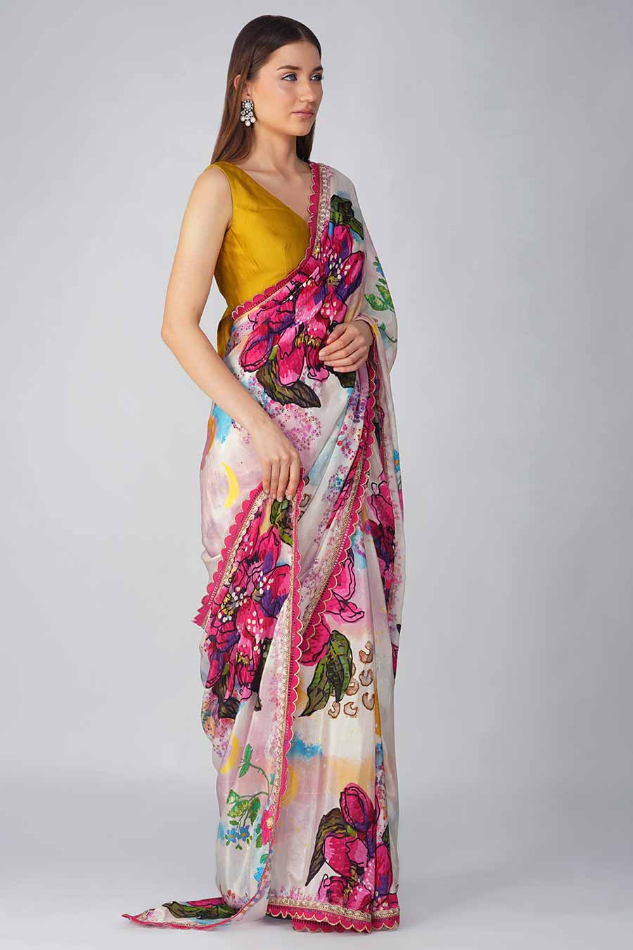 Multicolour Big Flower Printed Blouse & Saree Set