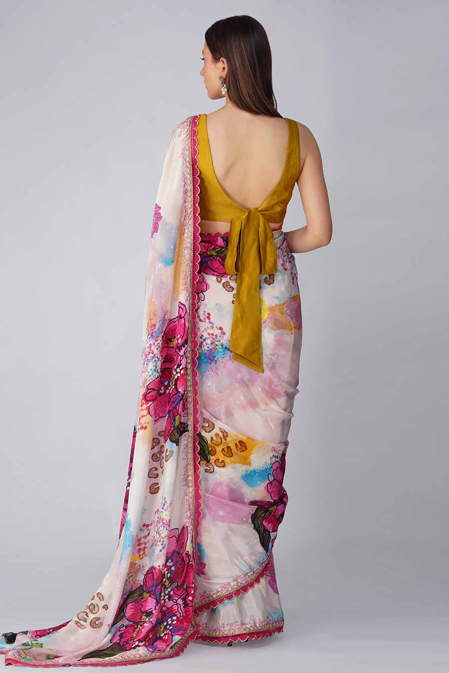 Multicolour Big Flower Printed Blouse & Saree Set