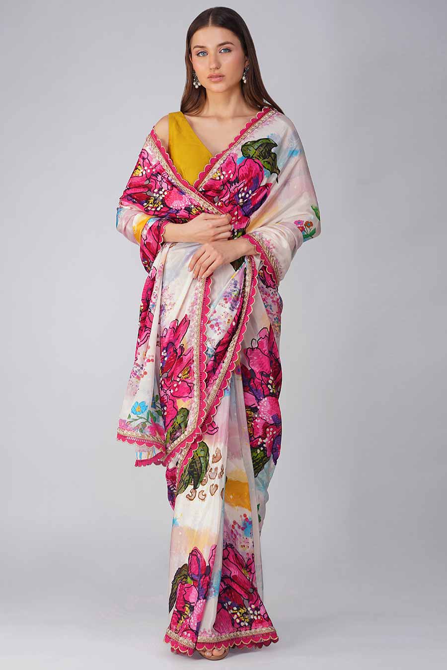 Multicolour Big Flower Printed Blouse & Saree Set