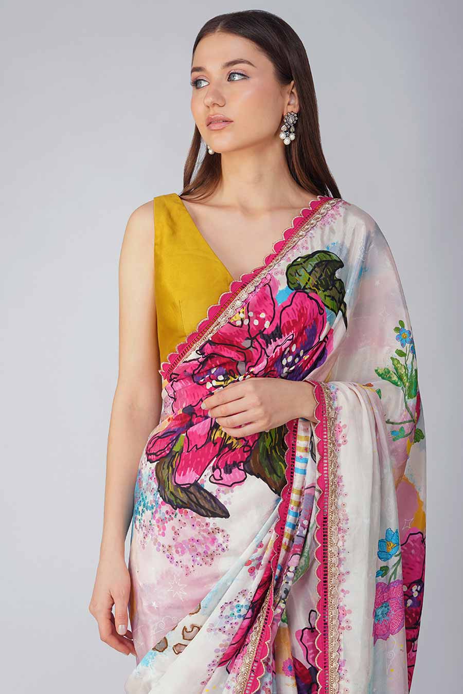 Multicolour Big Flower Printed Blouse & Saree Set
