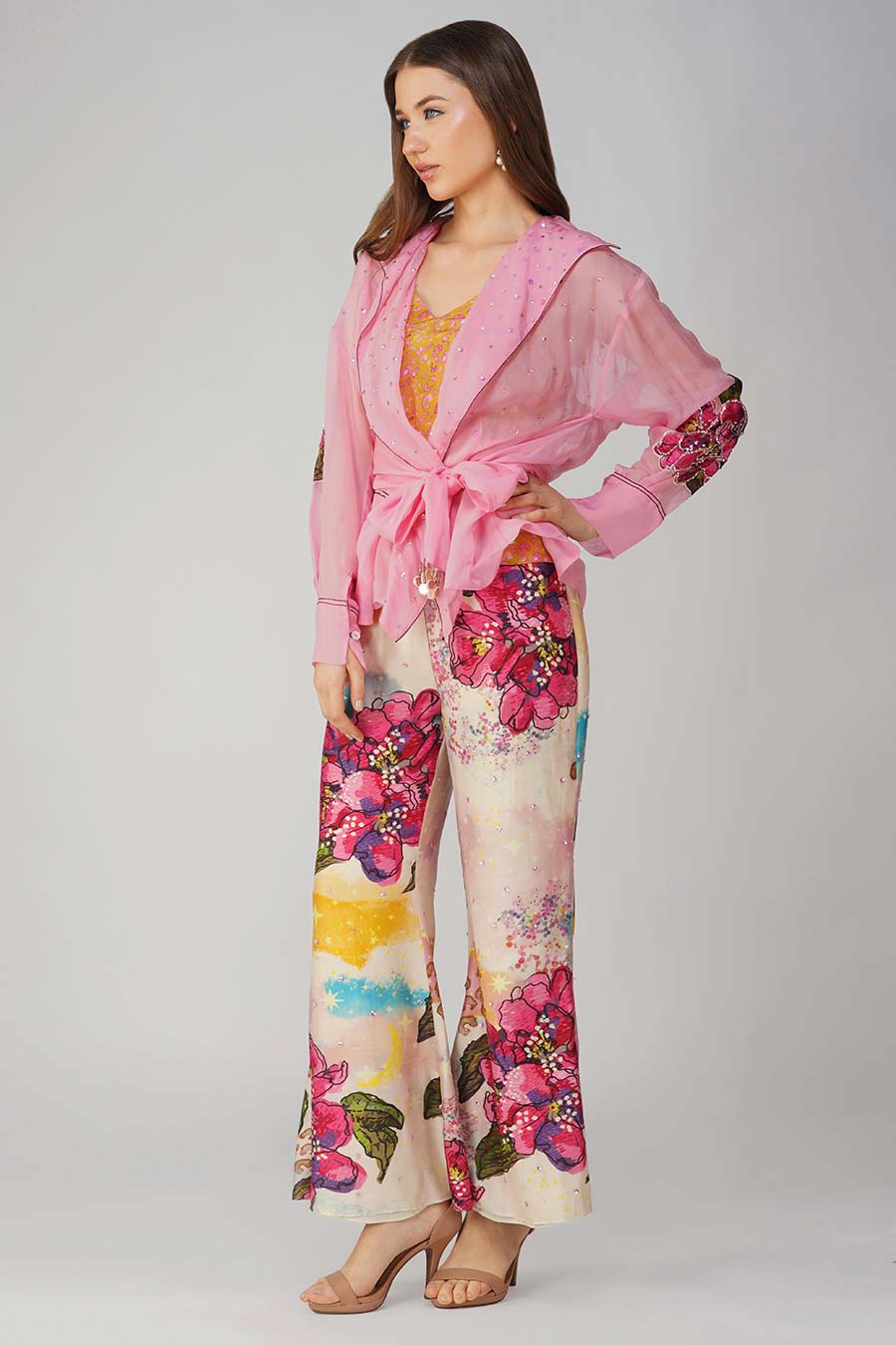 Pink Big Flower Printed Tie-Up Top & Pant Co-Ord Set
