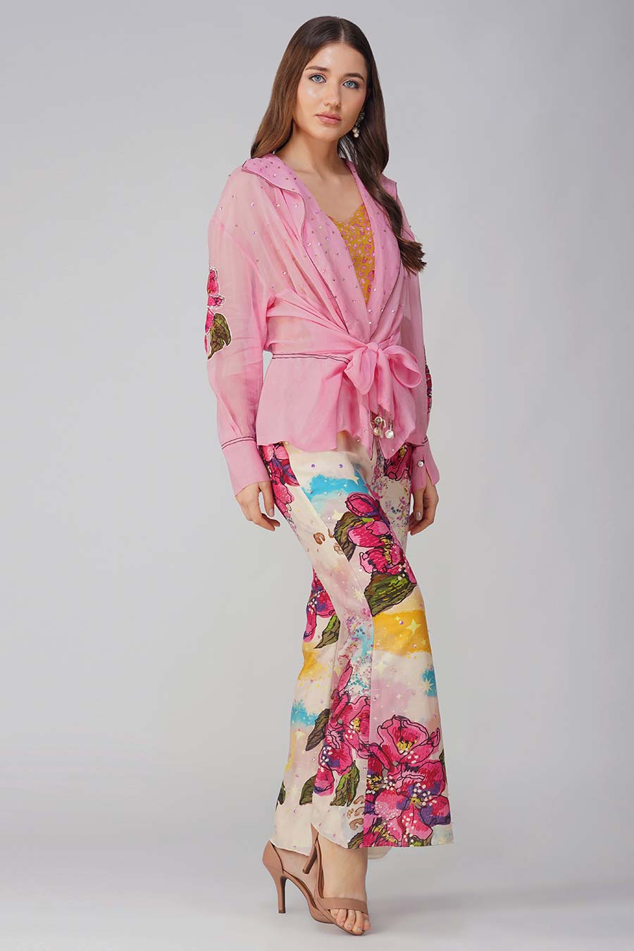 Pink Big Flower Printed Tie-Up Top & Pant Co-Ord Set