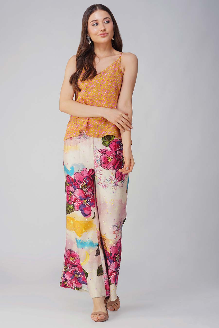 Pink Big Flower Printed Tie-Up Top & Pant Co-Ord Set