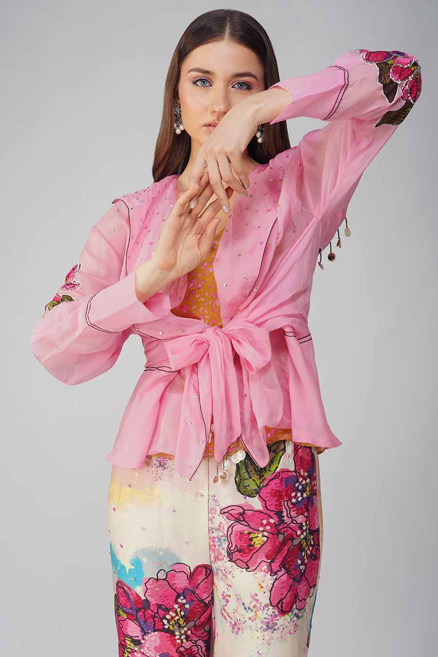 Pink Big Flower Printed Tie-Up Top & Pant Co-Ord Set