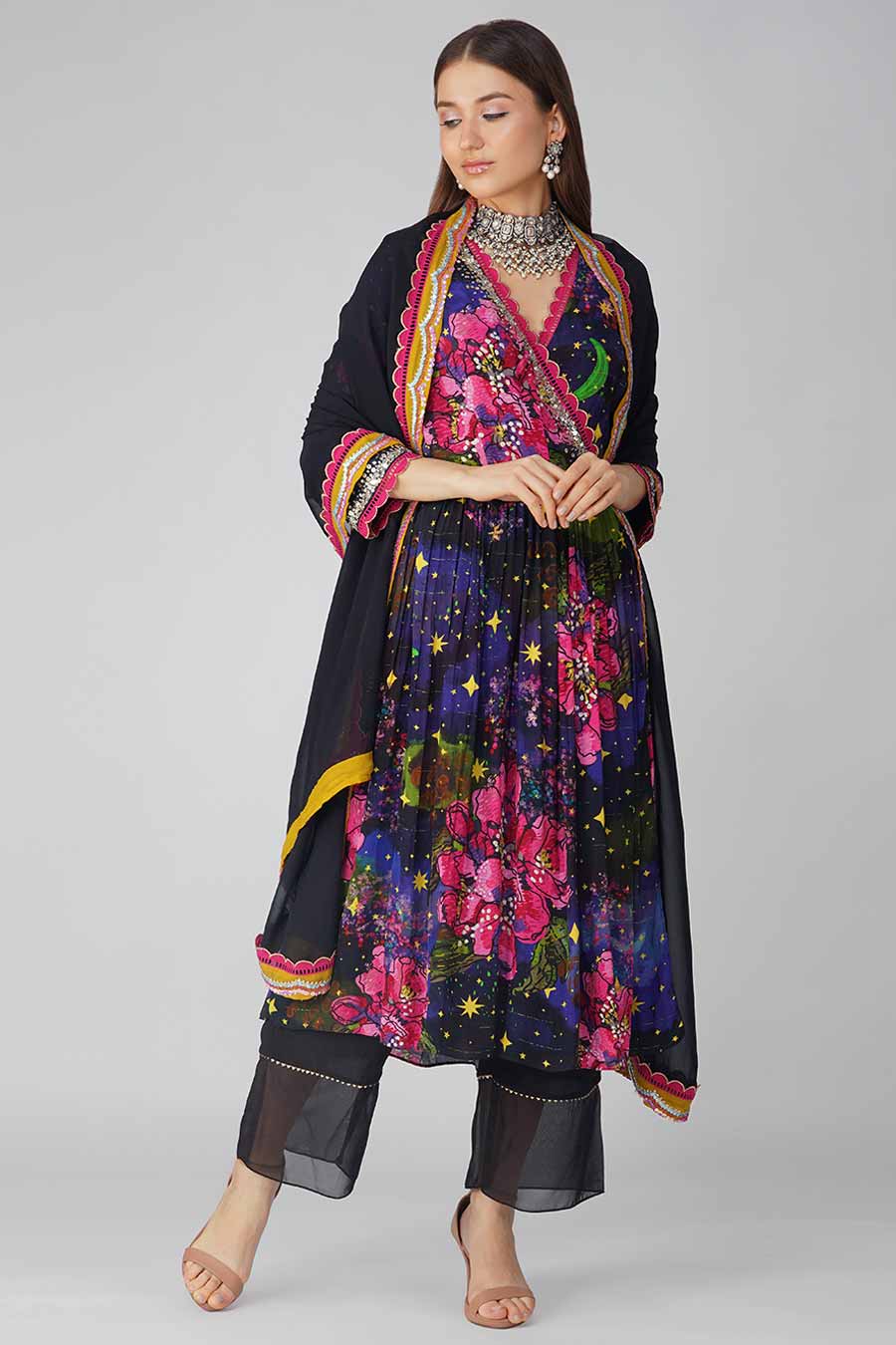 Black Big Flower Printed Angrakha Set