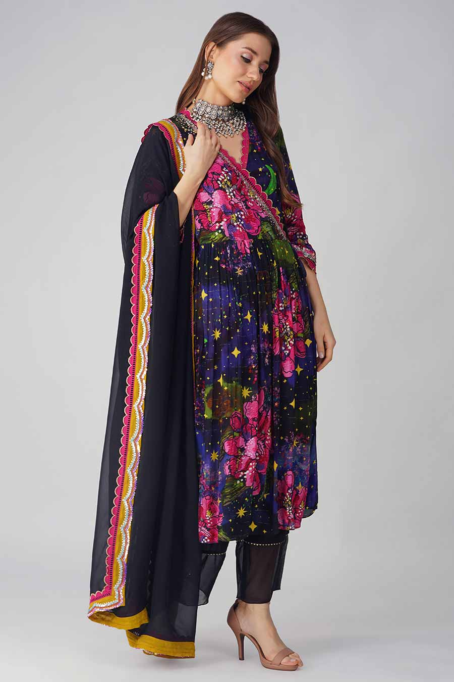 Black Big Flower Printed Angrakha Set