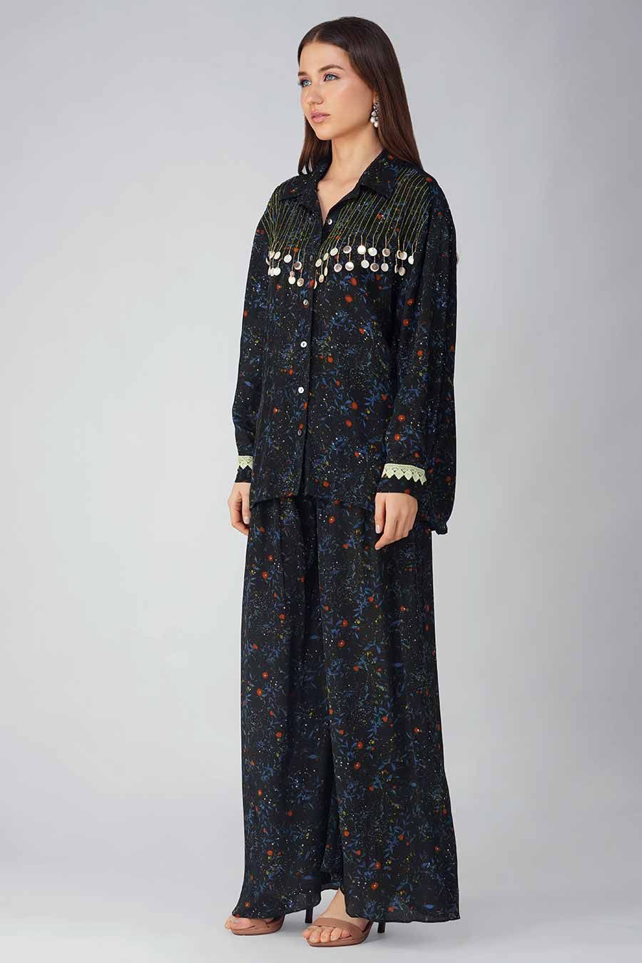 Black Small Leaf Printed Shirt & Pant Co-Ord Set