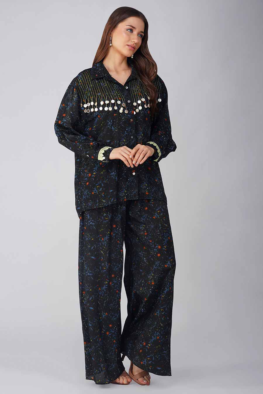 Black Small Leaf Printed Shirt & Pant Co-Ord Set
