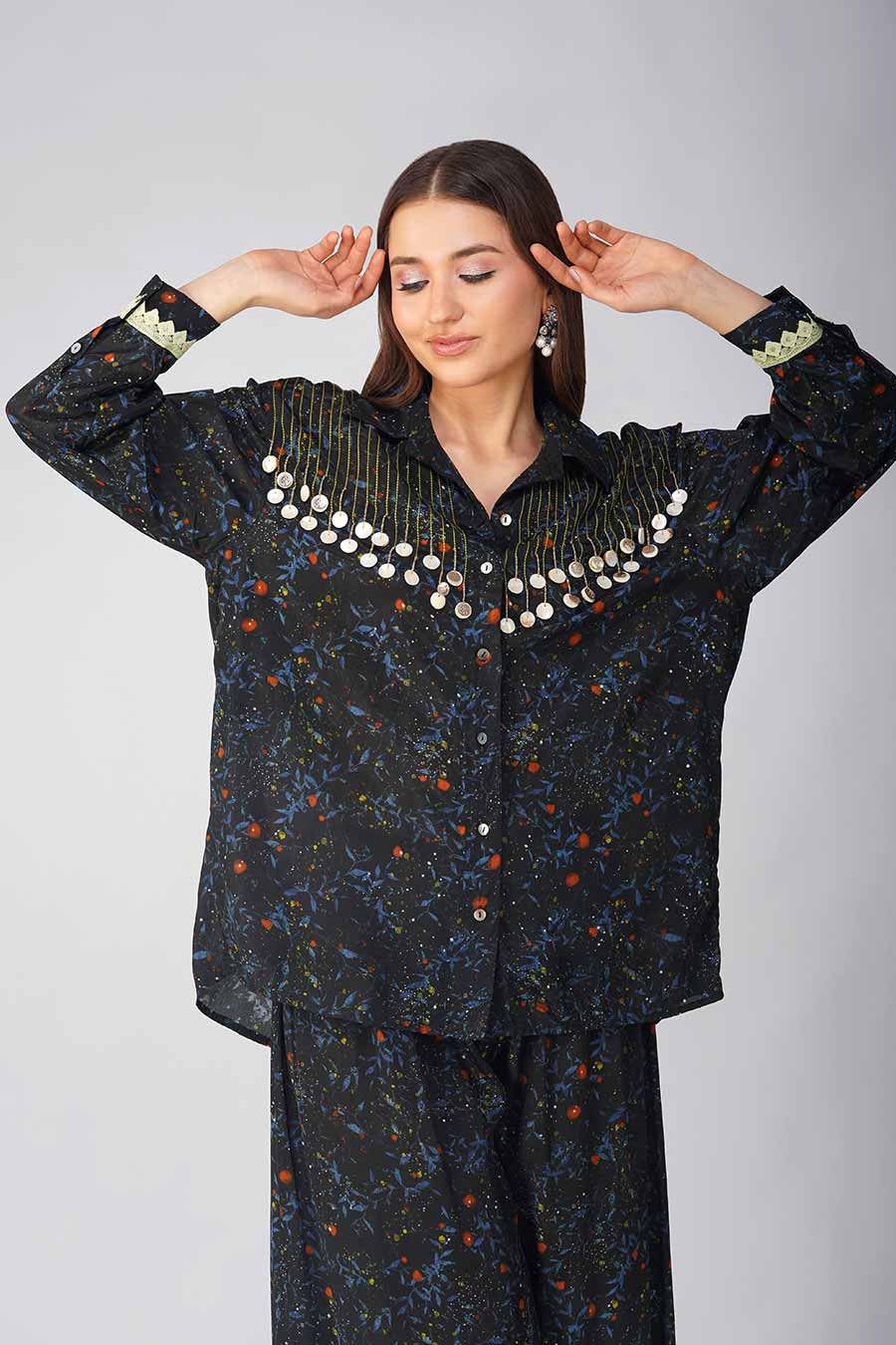 Black Small Leaf Printed Shirt & Pant Co-Ord Set