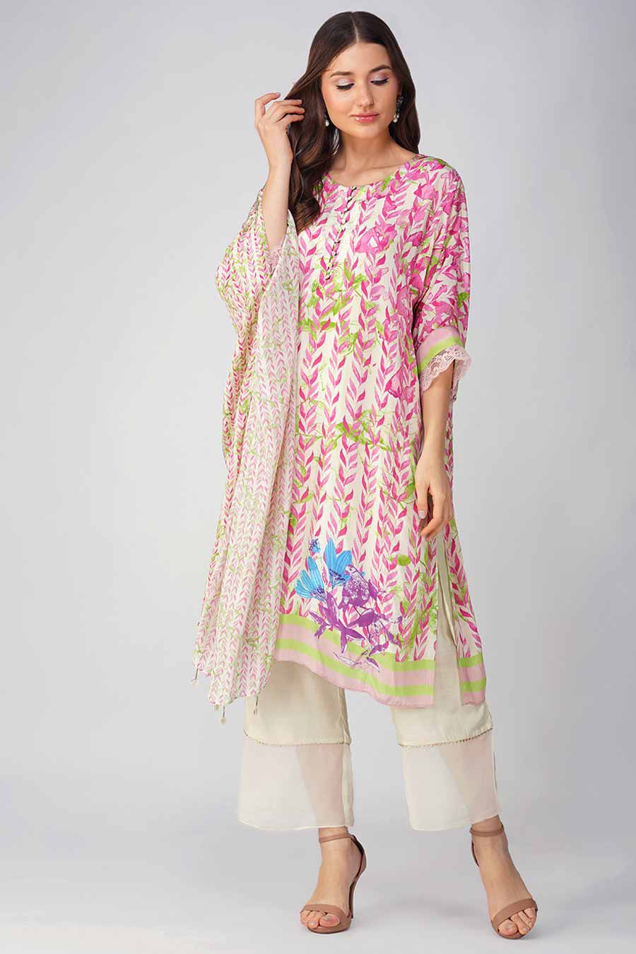 Pink Leaf Printed Kurta Set