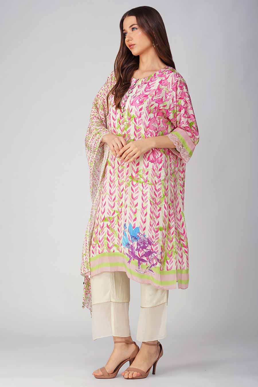 Pink Leaf Printed Kurta Set