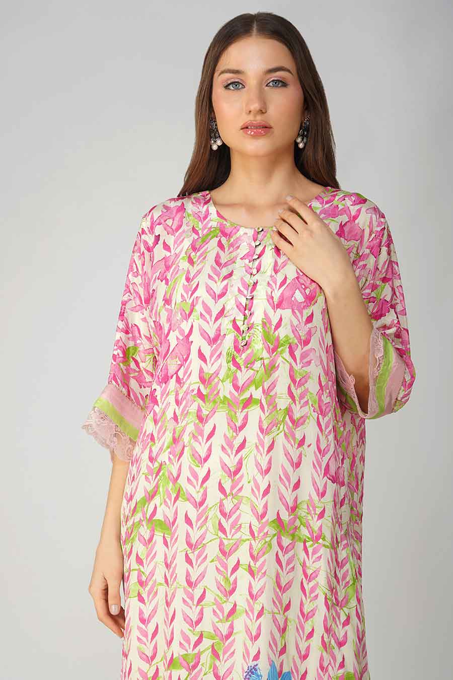 Pink Leaf Printed Kurta Set