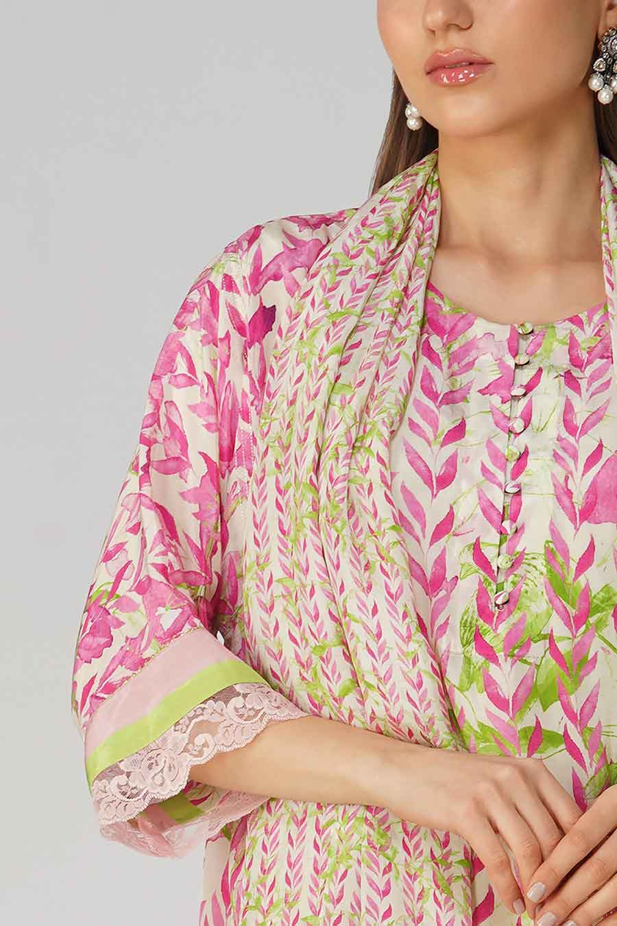 Pink Leaf Printed Kurta Set