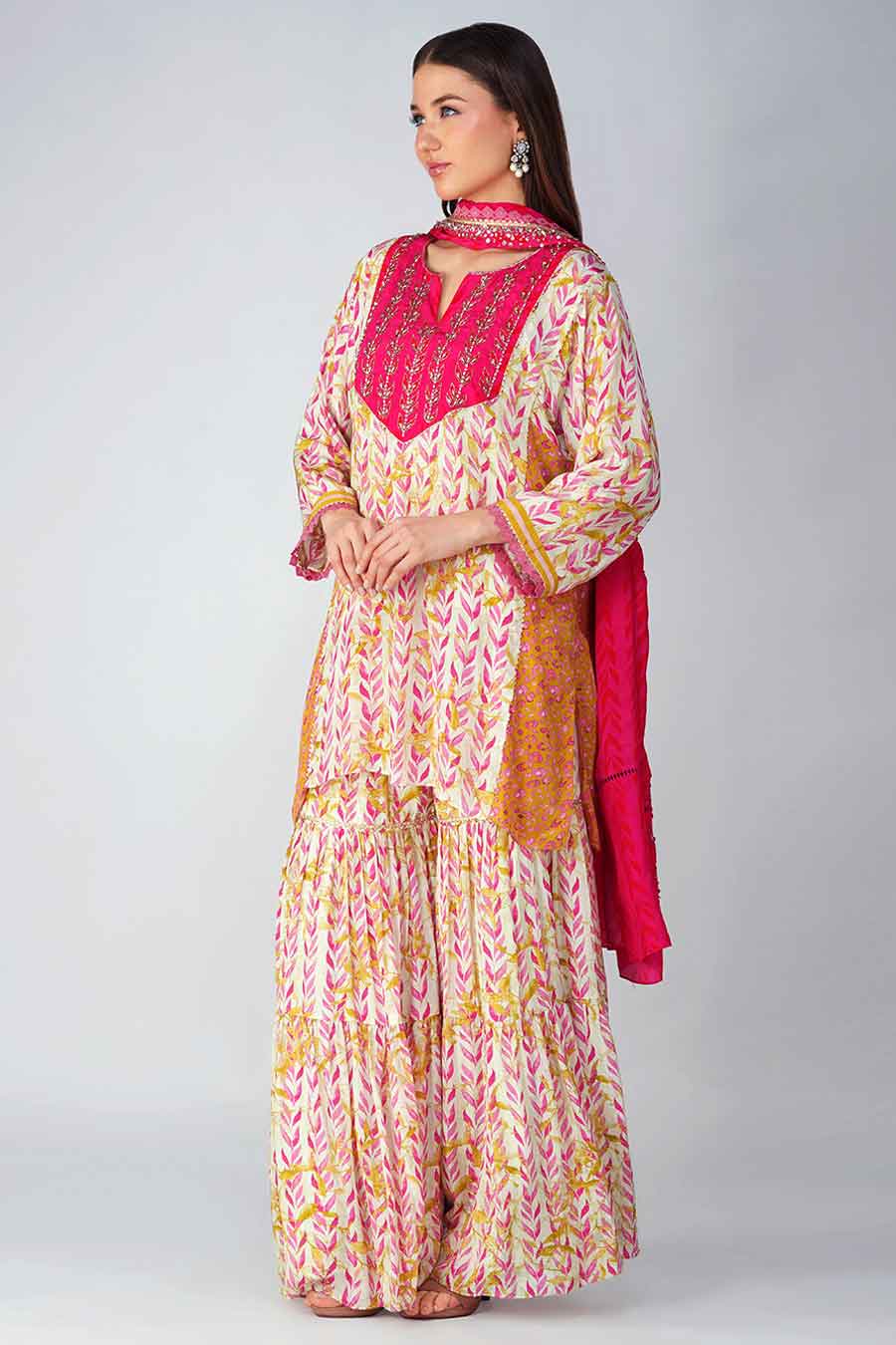 Pink Leaf Printed Gharara Set