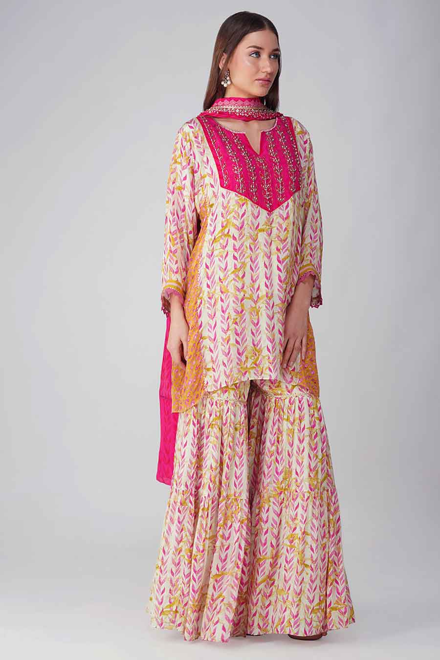 Pink Leaf Printed Gharara Set
