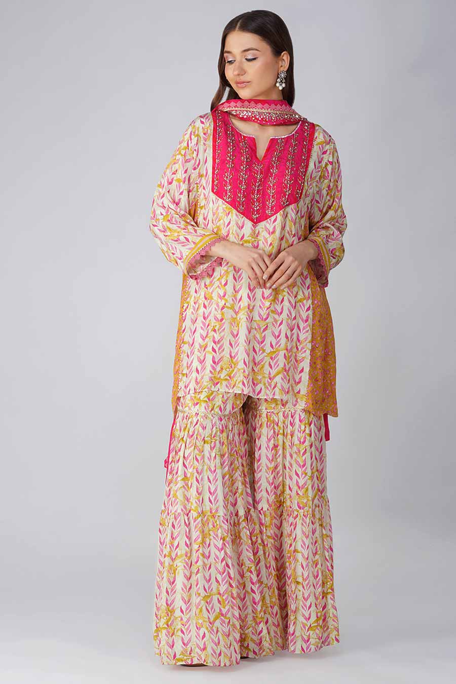 Pink Leaf Printed Gharara Set