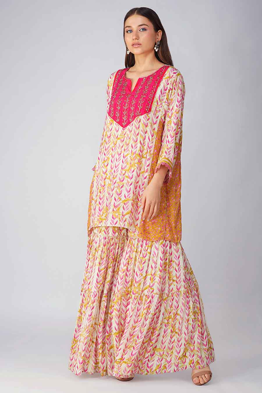 Pink Leaf Printed Gharara Set