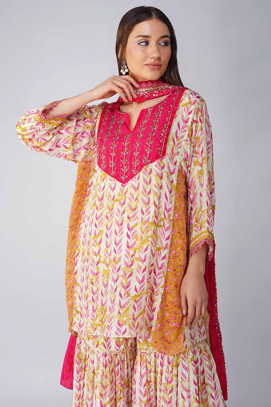 Pink Leaf Printed Gharara Set
