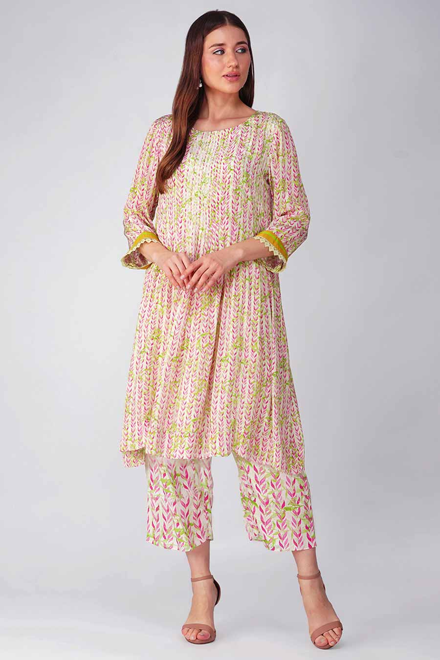 Pink Leaf Printed Pleated Tunic & Pant Set