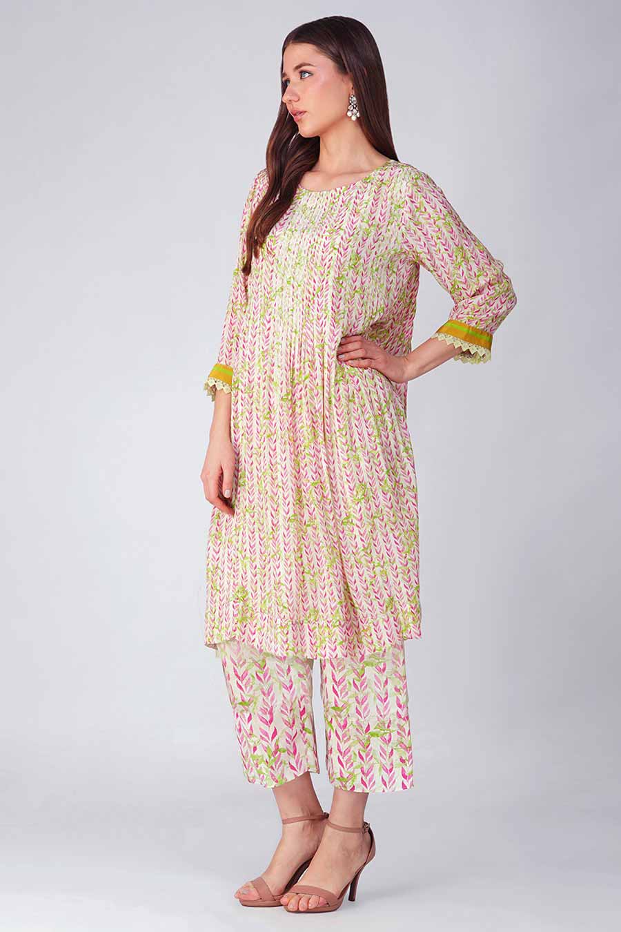 Pink Leaf Printed Pleated Tunic & Pant Set