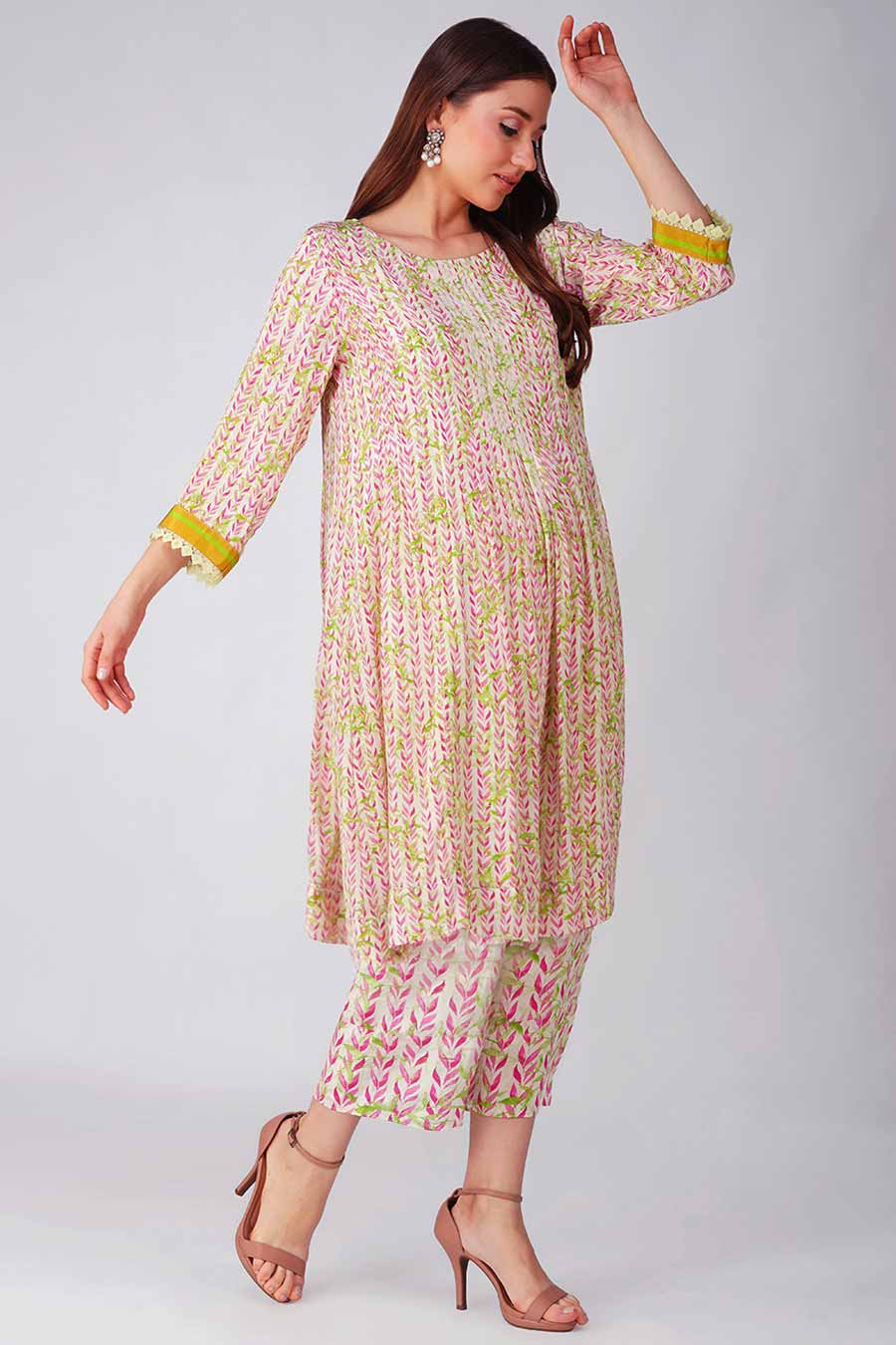 Pink Leaf Printed Pleated Tunic & Pant Set