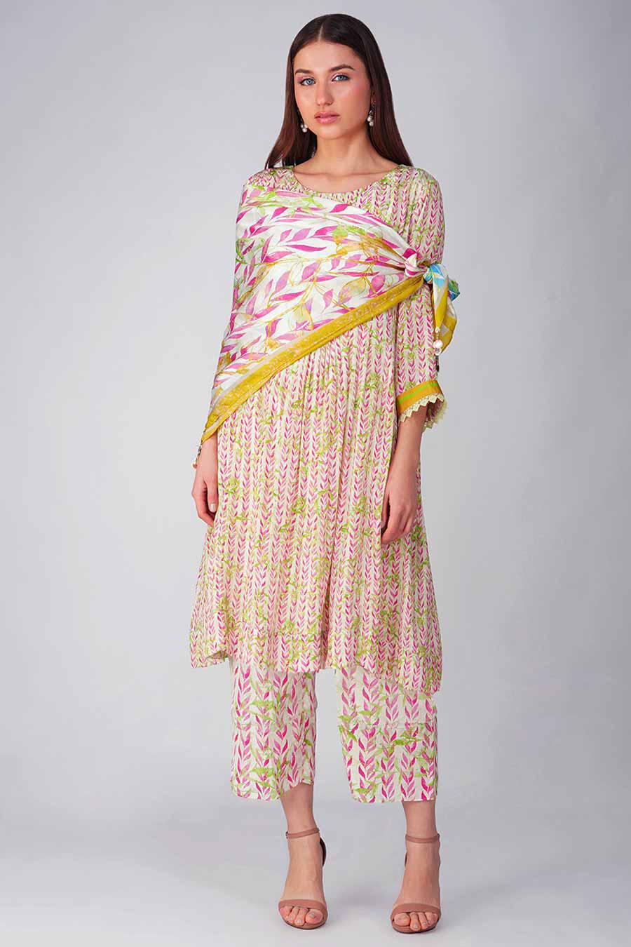 Pink Leaf Printed Pleated Tunic & Pant Set