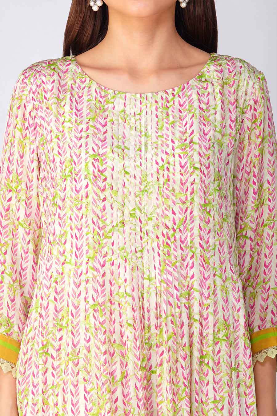 Pink Leaf Printed Pleated Tunic & Pant Set