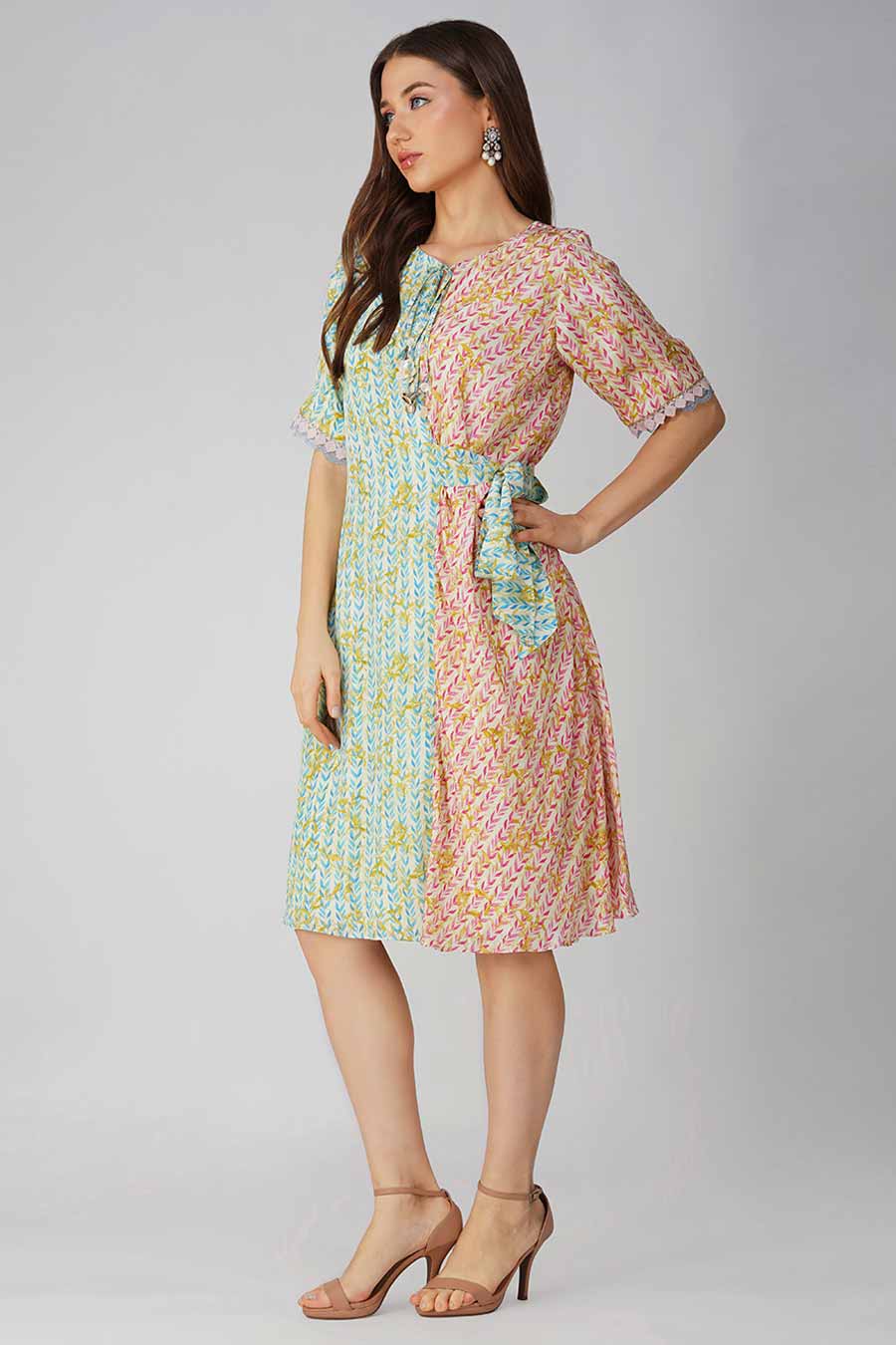 Pink & Blue Leaf Printed Asymmetrical Dress