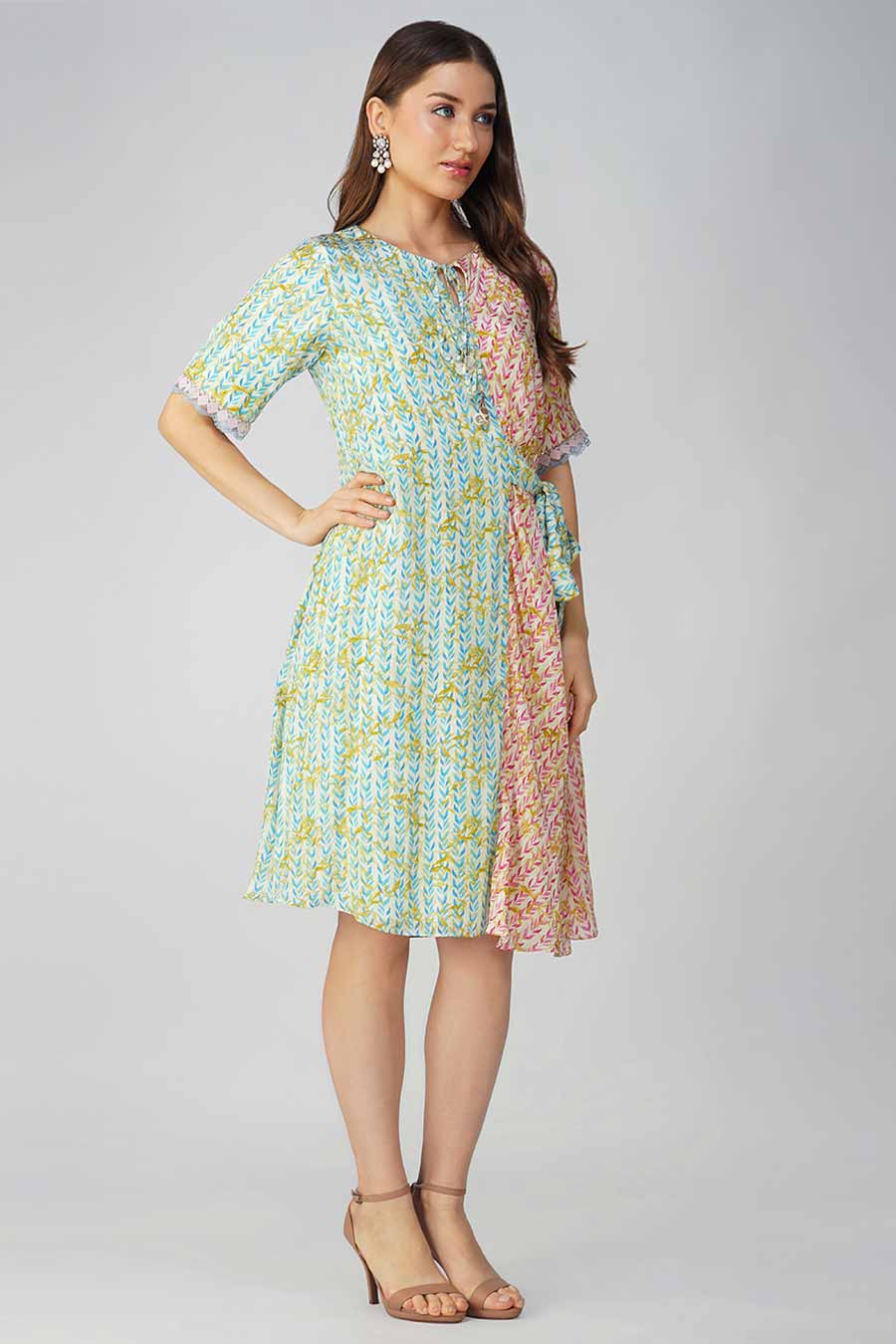 Pink & Blue Leaf Printed Asymmetrical Dress
