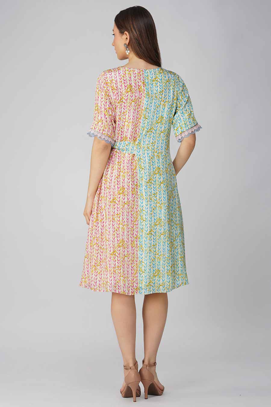 Pink & Blue Leaf Printed Asymmetrical Dress