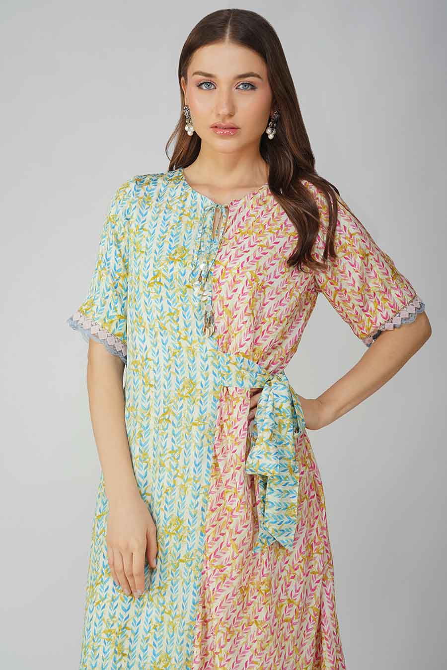 Pink & Blue Leaf Printed Asymmetrical Dress