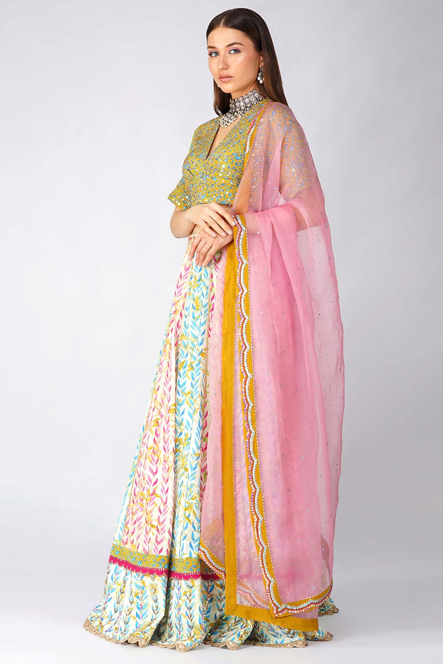 Multicolour Leaf Printed Lehenga Set