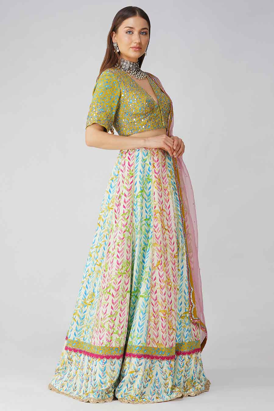 Multicolour Leaf Printed Lehenga Set