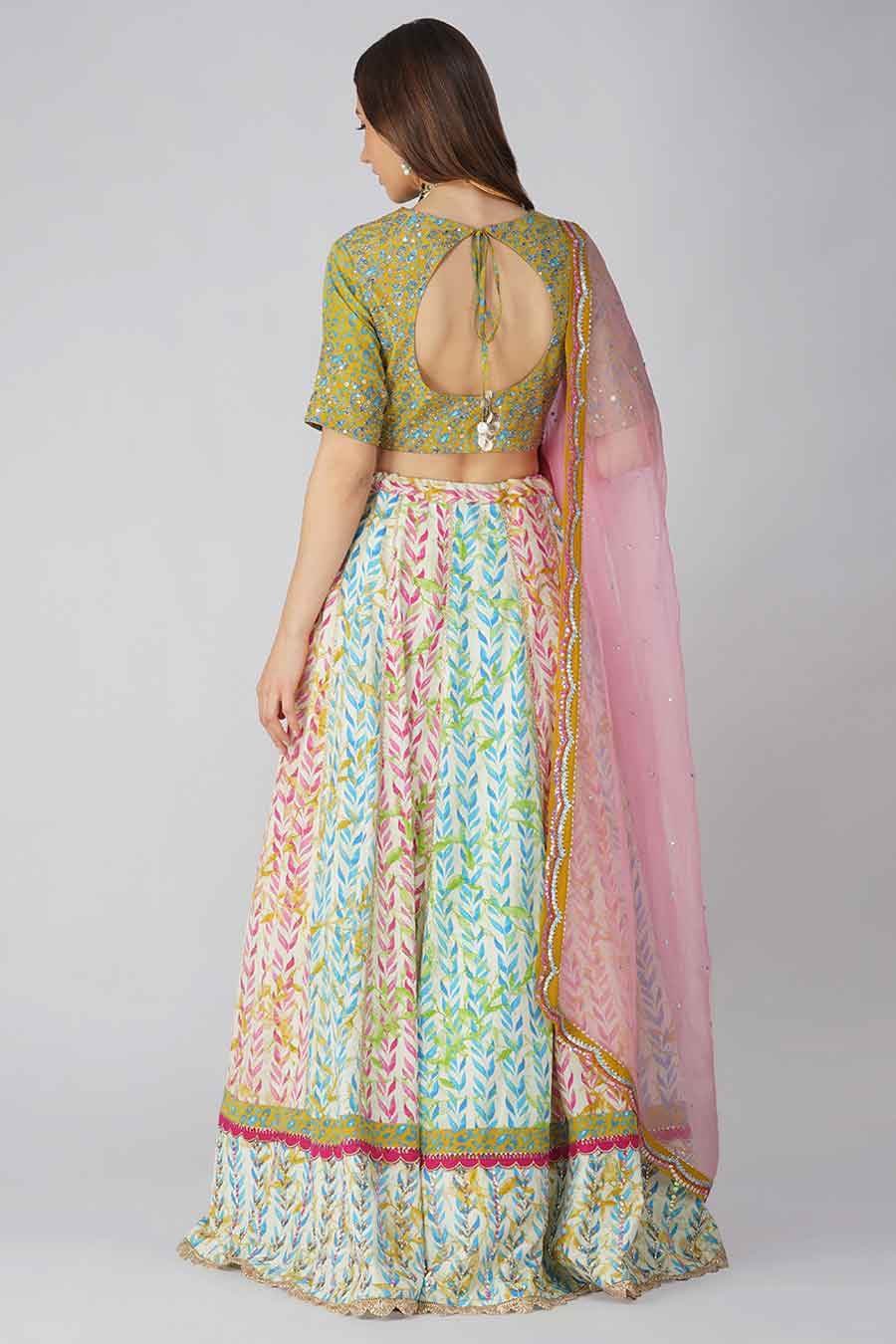 Multicolour Leaf Printed Lehenga Set