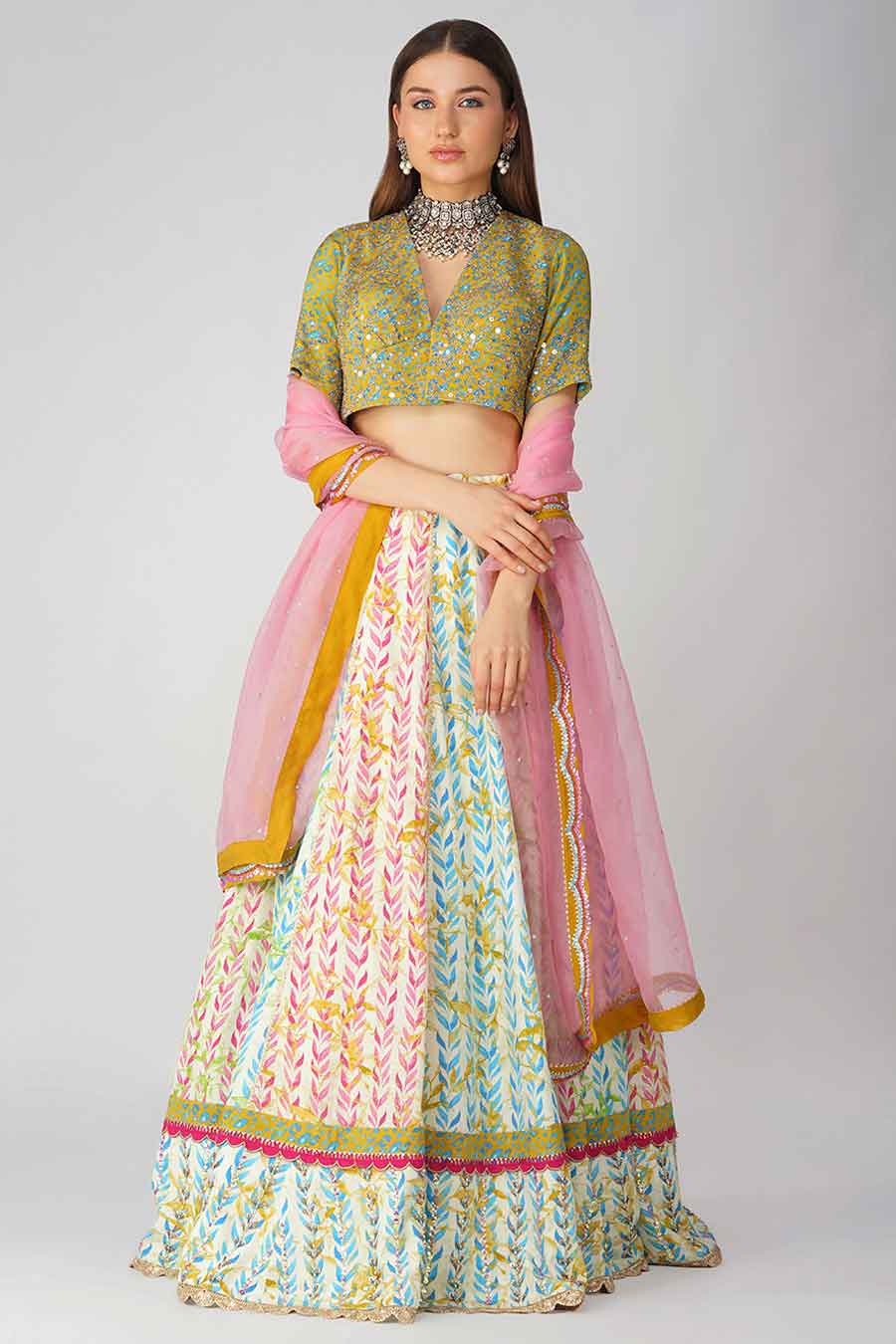 Multicolour Leaf Printed Lehenga Set