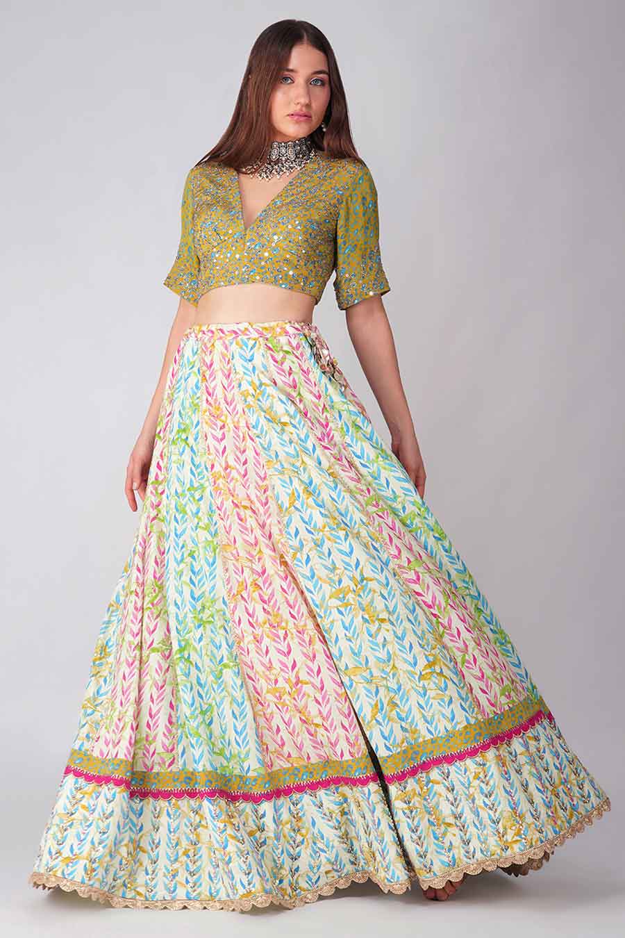 Multicolour Leaf Printed Lehenga Set