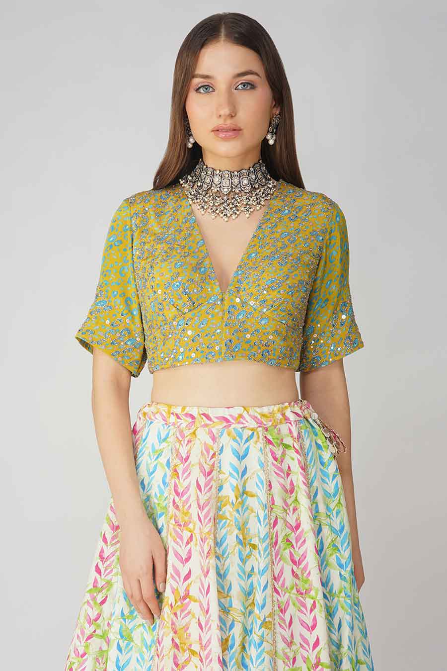 Multicolour Leaf Printed Lehenga Set