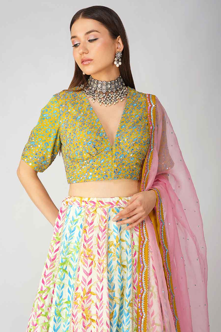 Multicolour Leaf Printed Lehenga Set