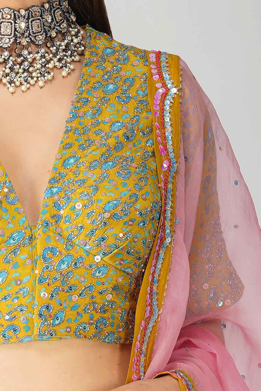 Multicolour Leaf Printed Lehenga Set