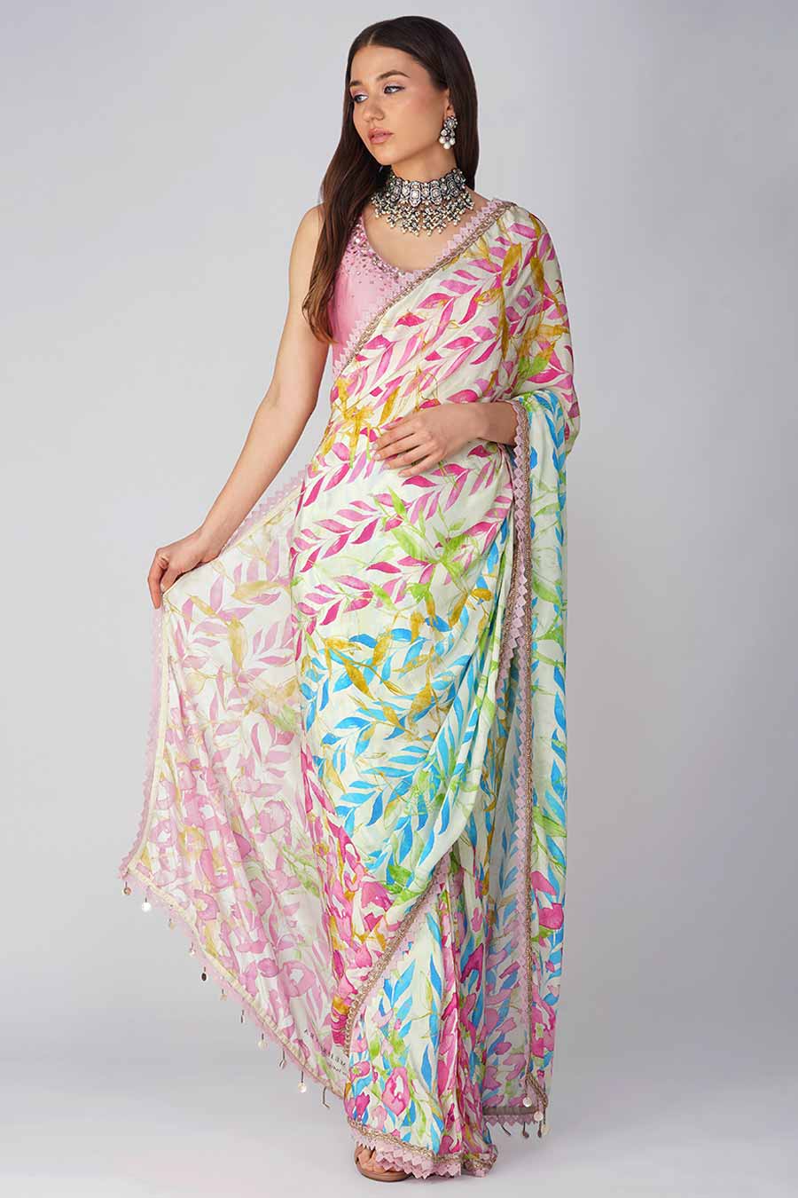 Pink & Blue Leaf Printed Pre-Stitched Saree Set