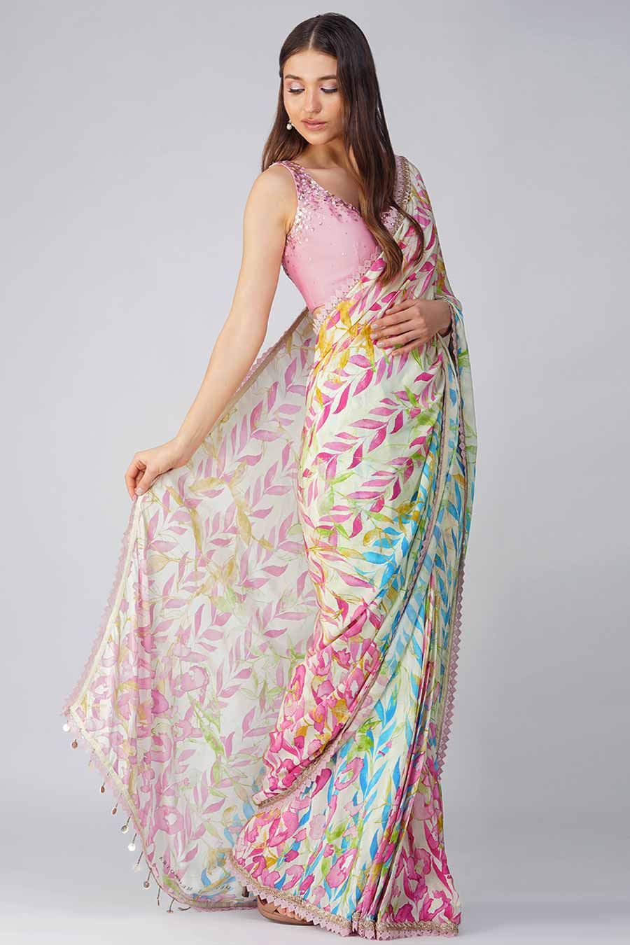 Pink & Blue Leaf Printed Pre-Stitched Saree Set
