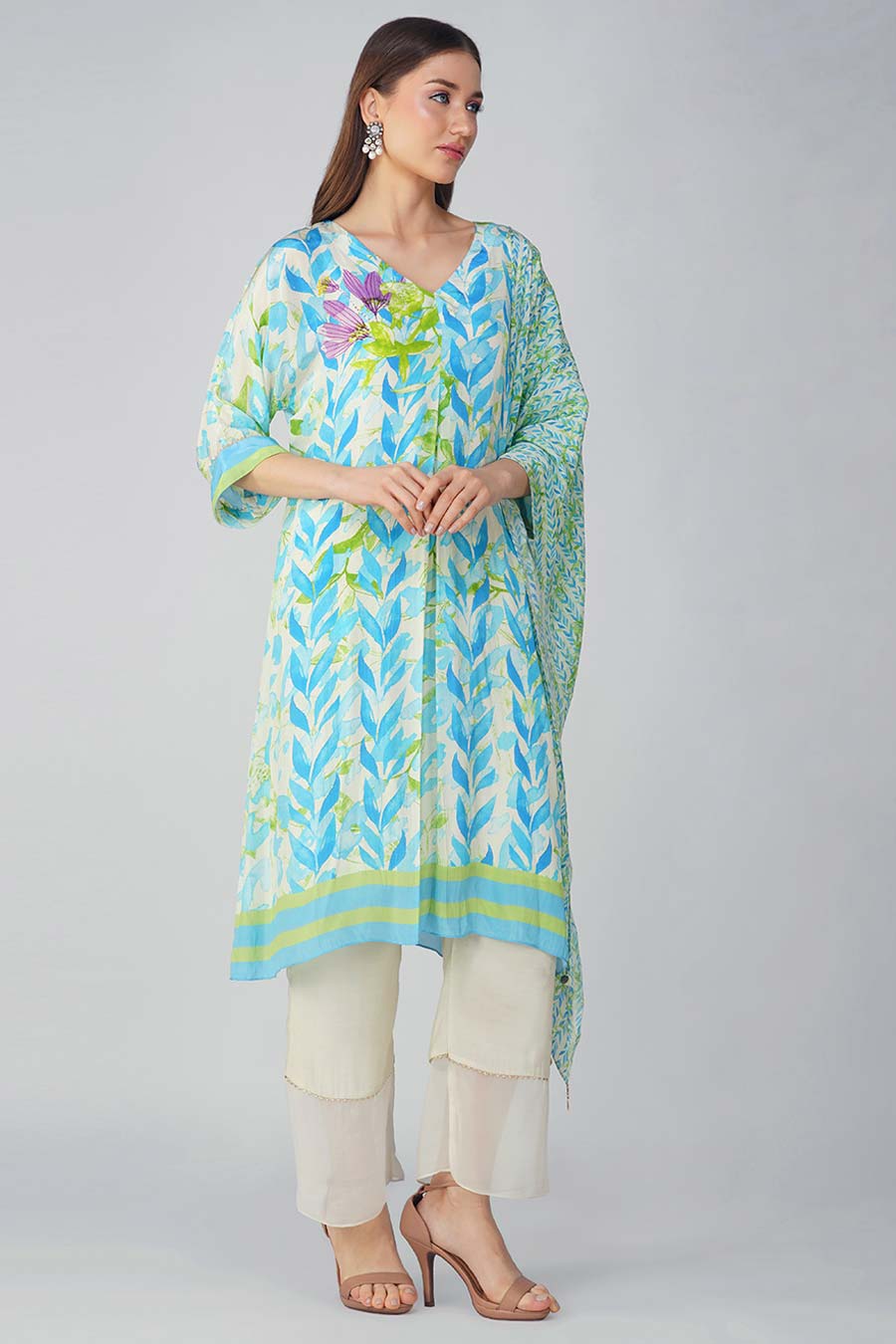 Blue Leaf Printed Kurta Set