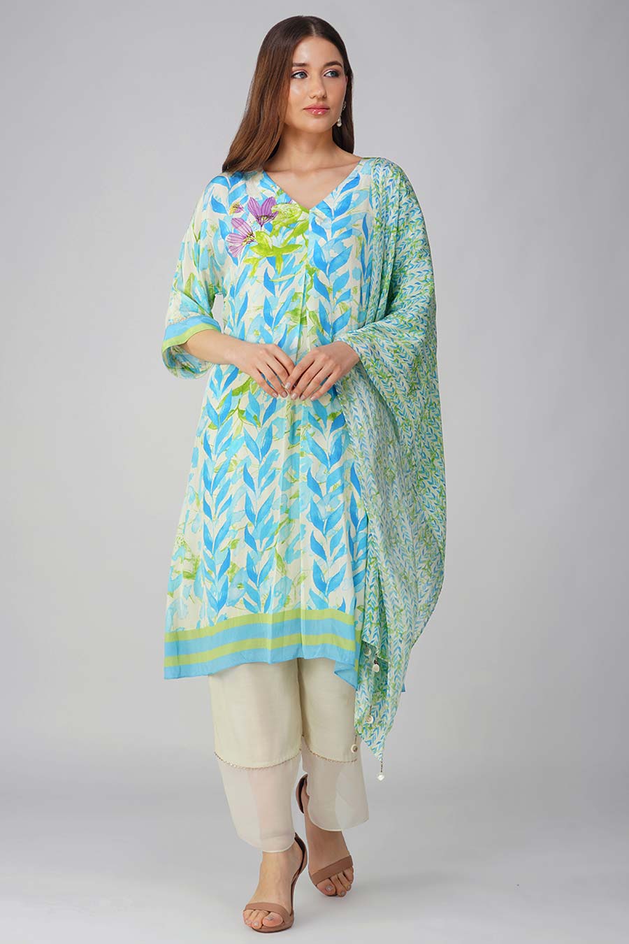 Blue Leaf Printed Kurta Set