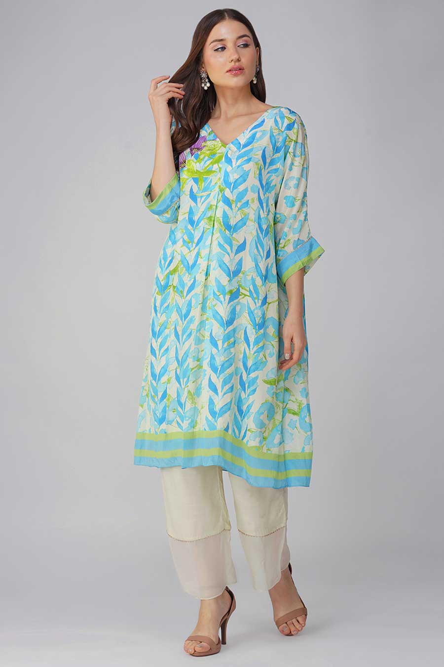 Blue Leaf Printed Kurta Set