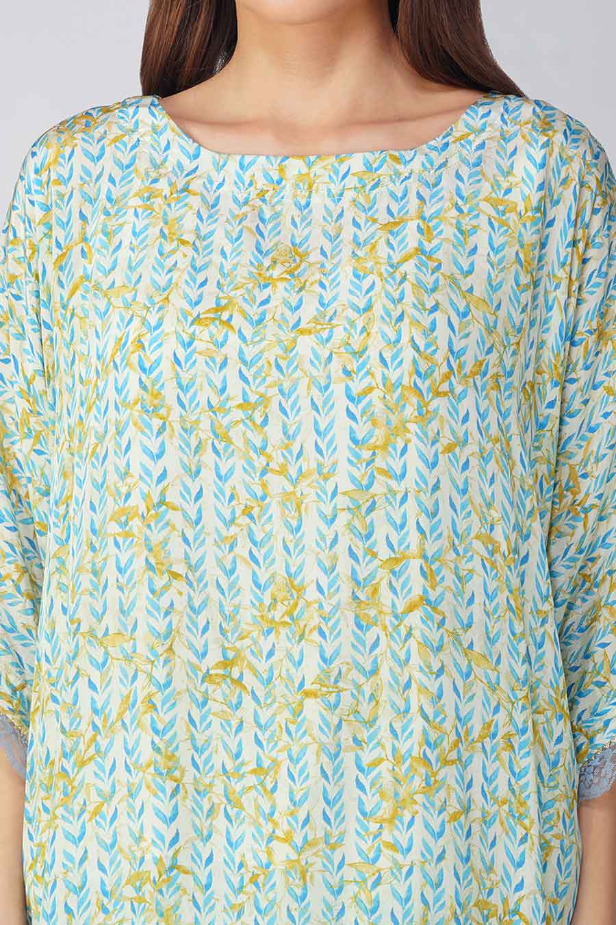 Blue Leaf Printed Top & Pant With Stole Co-Ord Set