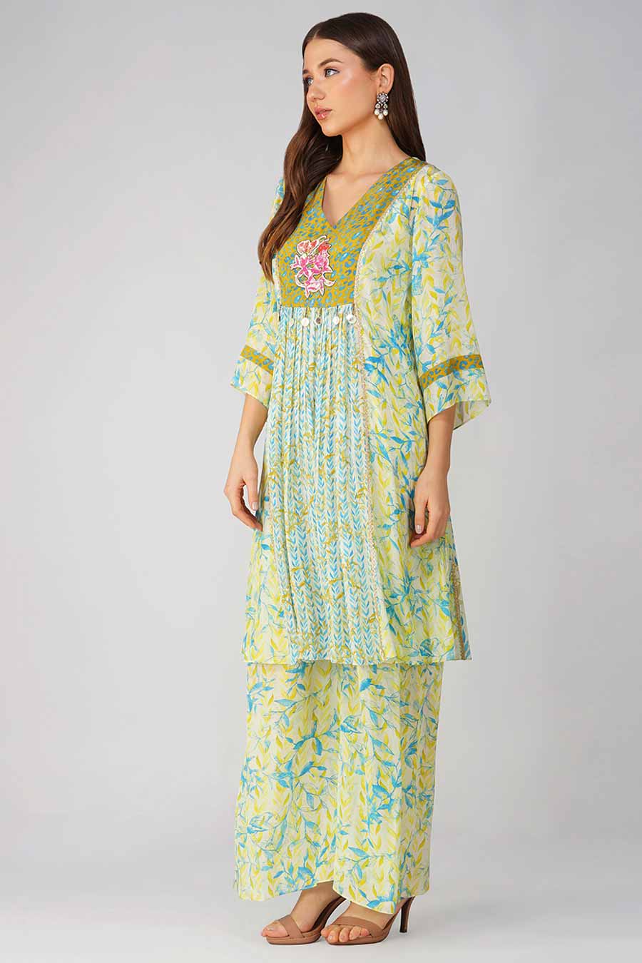 Yellow Leaf Printed Panelled Tunic & Pant Set